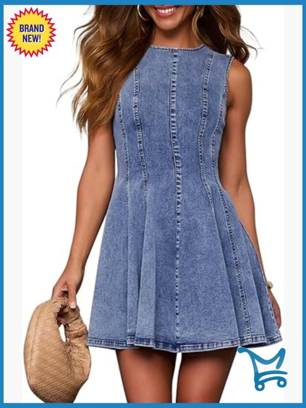 Sleeveless Babydoll Denim Dress A-Line Crew Neck Zip Back Mini
